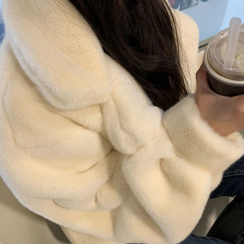 Biyaby Korean Pink Faux Rabbit Fur Coat Woman New Winter Thick Warm Fluffy Top Coat Women High Quality Faux Fur Jacket Female