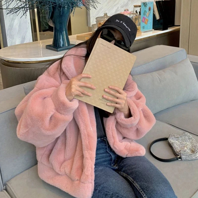 Biyaby Korean Pink Faux Rabbit Fur Coat Woman New Winter Thick Warm Fluffy Top Coat Women High Quality Faux Fur Jacket Female