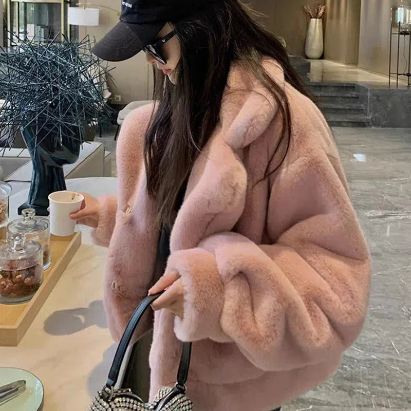 Biyaby Korean Pink Faux Rabbit Fur Coat Woman New Winter Thick Warm Fluffy Top Coat Women High Quality Faux Fur Jacket Female